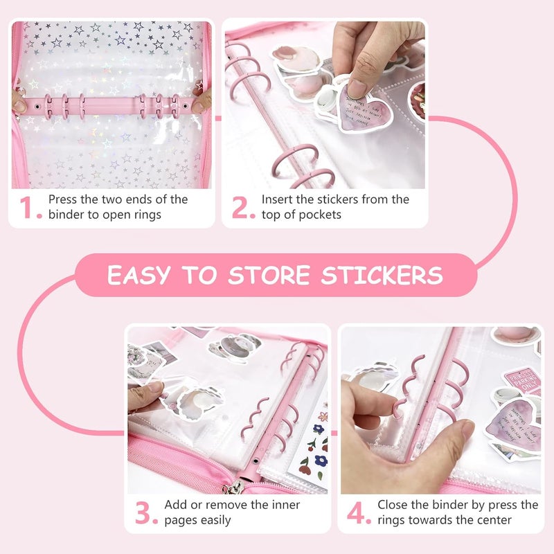 Ruatu Sticker Storage Organizer Binder A5 Sticker Collecting Book Reusable Zipper Album with Clear Laser Star Cover and Pocket Pages (Pink) - Image 4